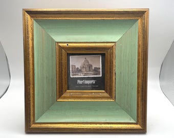 Pier 1 Square Rustic Wood Picture Frame Sage Green and Gold Distressed Design fits 3" x 3" photo