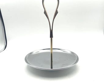 Vintage Kromex Tid Bit Snack Tray Chrome Plated Long Handle Silver and Gold Tones 11"h