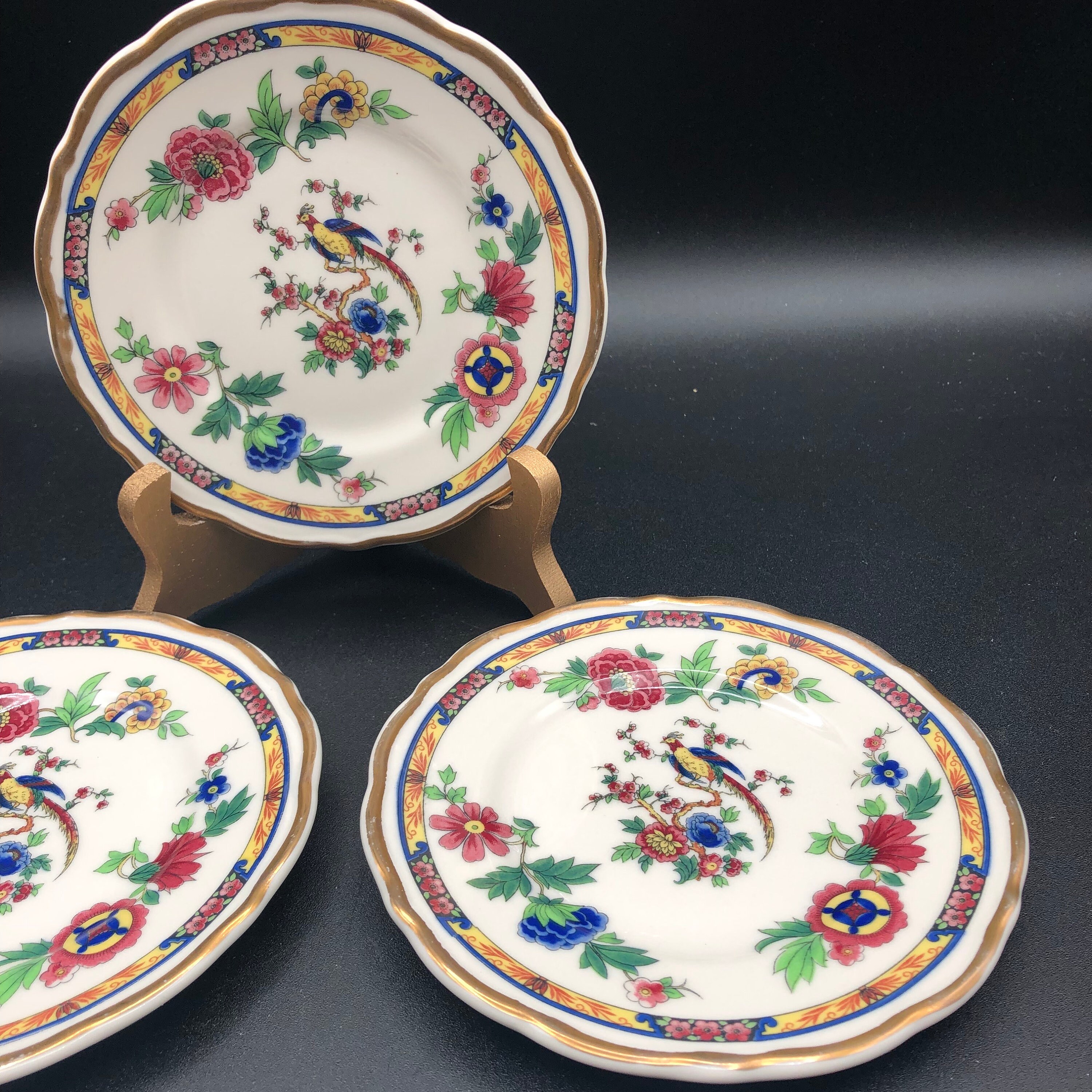 Vintage Bird of Paradise Small Plates Syracuse China Set of 3 1989 Gold