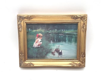 Donald Zolan “Morning Discovery” Lithograph Print Child with Ducks with Gold Ornate Frame
