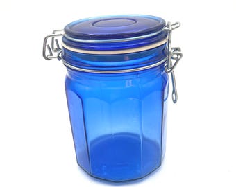 Vintage Cobalt Blue Glass Canister: Paneled Kitchen Storage Jar 5.75"h