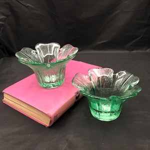 Made in Spain Petal Shaped Green Votive Candle Holders set of 2 recycled glass 2.5&quot; high