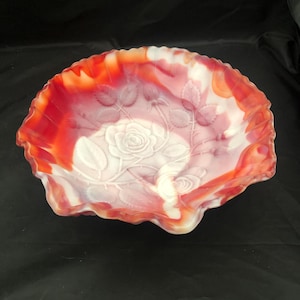 Red, White and Orange Slag Glass Bowl by Imperial Glass roses embossed ruffle edge collectible Ohio USA gift vintage 9&quot; diameter vintage