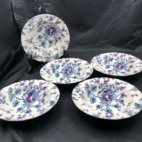 Johnson Brothers Bowls Rose Chintz Blue Set of 5 porcelain Made in England discontinued pattern white blue red green Vintage 6.25" diameter