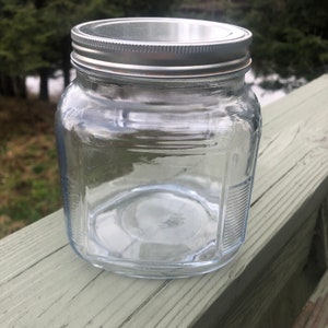 Vintage Square Glass Jar with Metal Lid Clear Ribbed Canister container Hoosier Style Made in USA holds 5 cups