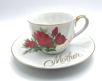 Vintage Red Rose “Mother” Teacup & Saucer Set Chatillon Gold Trim Japan