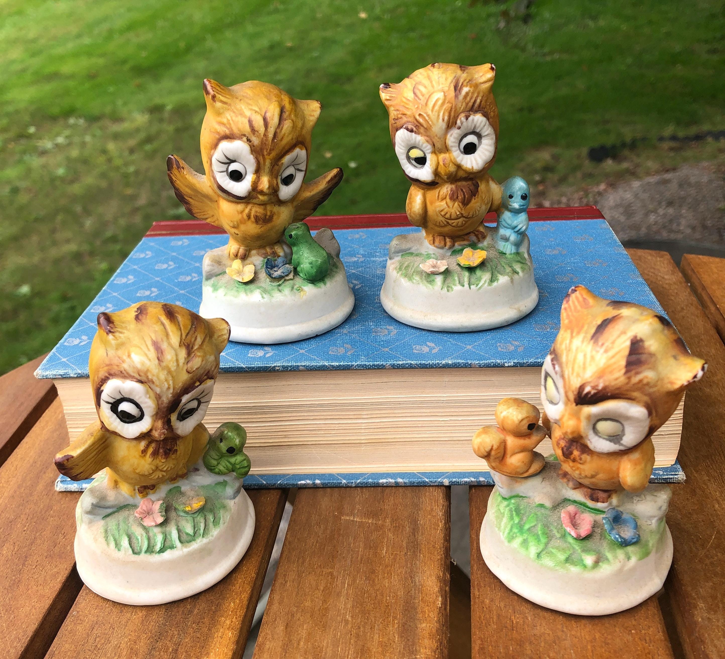 Ceramic Bisque Owls Napcoware Set of 4 figurines w/ little frog squirrel  blue bird inch worm forest