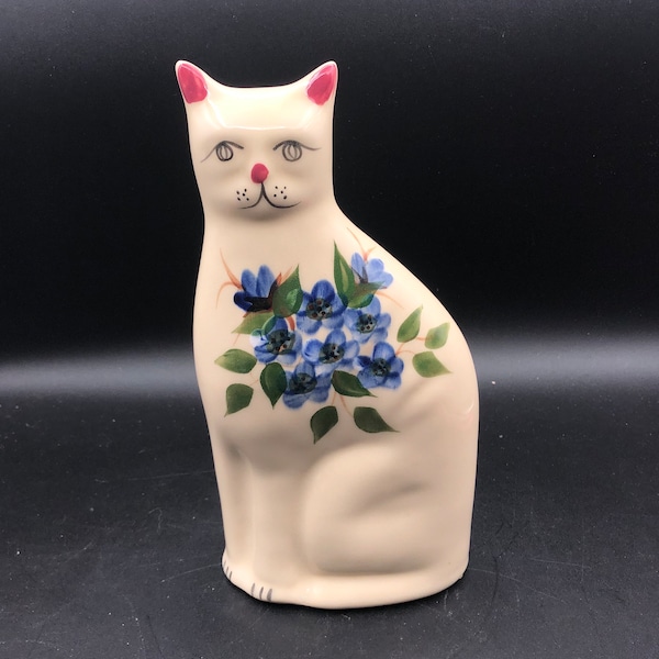 Vintage Folk Art Style Cat Alpine pottery roseville ohio large guard kitty 10" tall blue flowers pink face ceramic marked year 2000