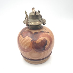 Studio Pottery Oil Lamp: Signed Ceramic, Brown Abstract Design 7" h