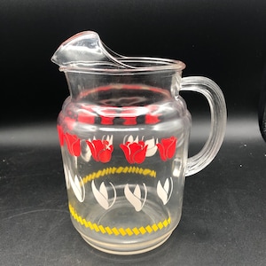 Vintage Tulip Clear Glass Pitcher Flowers Red White Yellow 4 to 5 cups capacity