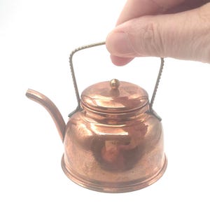 Miniature Copper Tea Kettle for Ornament or Doll House, Removable Lid 3" h