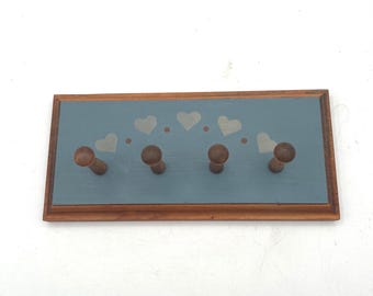 Solid Wood Key Hook Holder Blue with Hearts Design 7.5"w