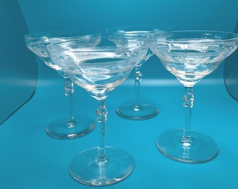 Vintage Champagne Coupe Glasses Etched Twisted Stem and Optic Design Set of 4