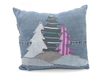 Handmade Denim Trees and Mountains Throw Pillow Small