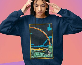 RAINBOW Sweatshirt | LGBTQ Design Crewneck Sweater with Vintage Graphic Pride Print in Yellow, Green and Blue, Cotton and Polyester