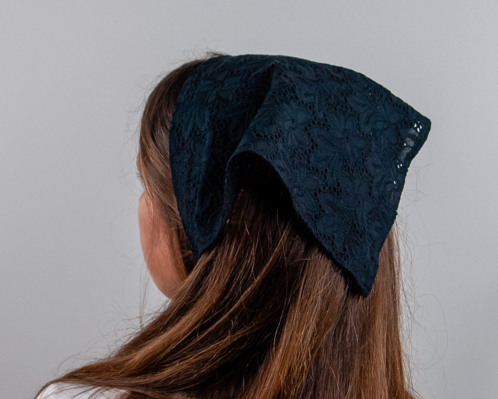 Black lace triangle head scarf with ties. Handmade solid color Etsy