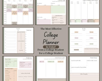 May include: A college planner with sections for class schedules, to-do lists, budgeting, and goal setting. The planner includes pages for contact information, major deadlines, and a brain dump section. The title reads "The Most Effective College Planner In Color!"