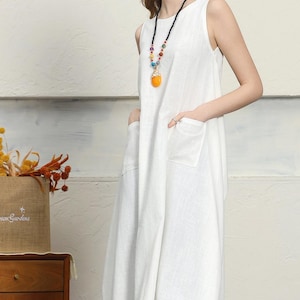Vestido de lino para mujer, vestido midi sin mangas, caftán de lino y algodón, vestido de tirantes de lino, túnica larga de verano, ropa de talla grande A112