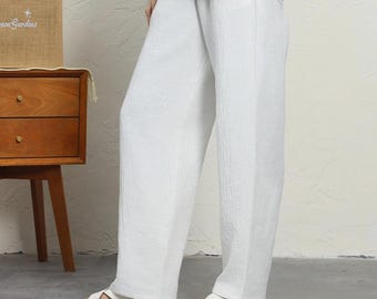 Women's cotton linen pants harem pants long line pants Floor length linen wide leg pants loose Fall thicker clothing plus size pants F56-h