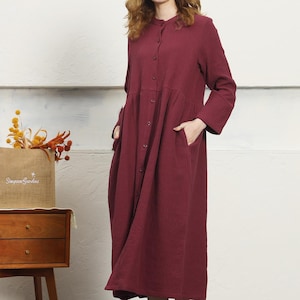 Women cotton linen coat shirt dress long sleeves cardigan Fall winter tunic dress plus size linen clothing loose Handmade dress F498