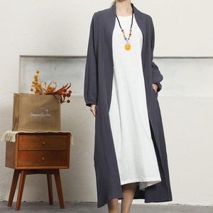 Women cotton linen Coat long jacket for women boho Puff long Sleeve jacket Linen Trench Maxi Coat Vintage Style Plus Size Fall cardigan F286