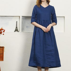 Vestido de lino con bolsillos para mujer, vestido de cintura alta, vestido largo de lino puro con cuello en V, vestido plisado, vestido bohemio informal de lino, ropa de talla grande F125