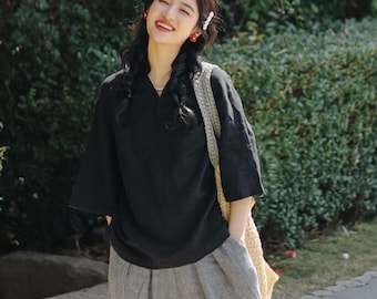 Linen tops for women half sleeves blouses loose soft casual custom oversized tunic top summer spring linen clothing boho plus size F493