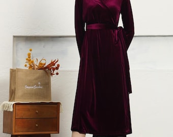 Burgundy Velvet Dress Women Wrap Dress Long Sleeve Robe for Wedding  Bridesmaid Maxi Dress Winter Custom Long Dress Plus Size Clothing R17