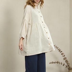 Women's Cotton Linen Babydoll Tunic Shirt, Stand Collar Full Button Down with Gathered Waist & Puff Sleeves F91