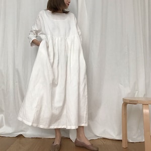 Linen maxi dress handmade long sleeves linen dress custom casual linen clothing for women plus size dress elegant pleated linen dress F276