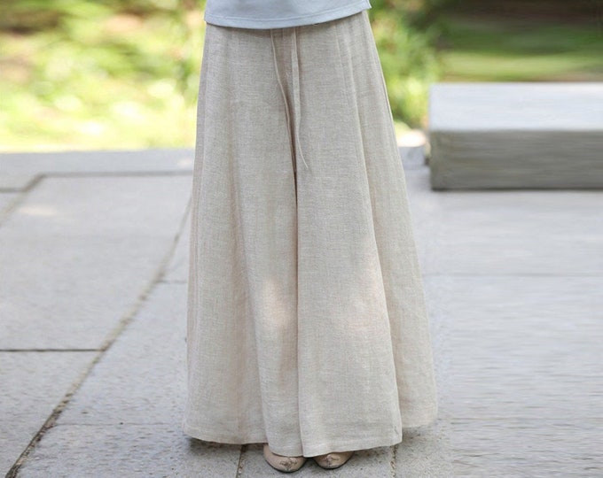 Women's pants vintage linen wide leg culottes pants handmade custom loose trousers pure linen clothing linen pants plus size clothing F607