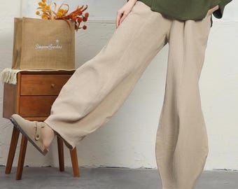 Balloon cotton linen long pants, women's wide-leg pants, high-waisted Harem pants, winter linen trousers, plus size clothing A123