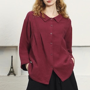 Blusas femininas de algodão e linho, camisa de mangas compridas, cardigan de linho, blusa solta casual, camisa feminina clássica, tamanho grande, roupas artesanais F33-h