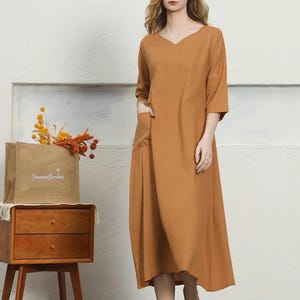 Vestidos de lino y algodón de verano para mujer, vestido largo de media manga con bolsillo, vestido de lino de corte A, vestido con cuello en V, ropa informal holgada personalizada A52