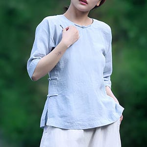 Blusas de lino para mujer, camisa vintage, blusas de lino, top corto de media manga, hecho a mano, ropa de talla grande personalizada, ropa bohemia de verano china N9