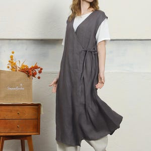 Vestido de lino cruzado sin mangas, vestido largo de verano, vestido túnica de lino con cuello en V y bolsillos, vestido con lazo en la cintura, vestido de lino de corte A hecho a mano F37