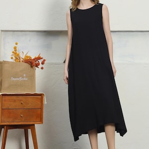 Vestido de lino suelto sin mangas, vestido largo de lino y algodón para mujer, vestido maxi negro sin mangas, adecuado para días de verano, ropa de talla grande personalizada A65