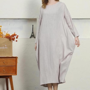 Frauen Baumwolle Leinen Maxi Kleid mit langen Ärmeln Baumwolle Leinen Kaftan lose plus Größe Kleidung große Größe Kleid Frühling Sommer Maxi Kleid A69