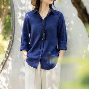 Women's linen top button up shirt oversized crop tops loose linen blouse women long sleeves tunic shirt 100% linen plus size linen clothing