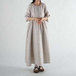 Vestido de lino holgado de verano para mujer, vestido de media manga con cintura alta y escote en V, vestido largo 100 % lino, vestido plisado, ropa informal de lino para estar en casa F548