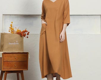 Vestidos de lino y algodón para mujer, vestido de manga corta con bolsillo, vestido largo de corte A, vestido con cuello en V, ropa informal holgada de verano A52