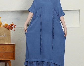 Vestido de lino y algodón extragrande para mujer. Vestido de lino de verano informal. Vestido largo de algodón con bolsillos. Vestido largo holgado. Tallas grandes. Ropa F38