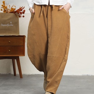 Women&#39;s cotton linen pants with pockets fall winter wide leg pants loose casual harem pants plus size clothing custom loose long pants B33-h