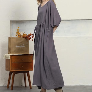 Vestido de lino y algodón para mujer, vestido largo con lazo, vestido de lino extragrande, vestido casual de primavera y verano, vestido largo holgado, ropa de talla grande F77