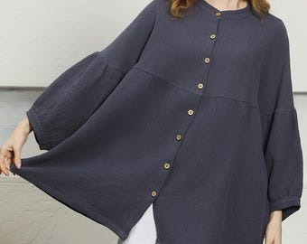 Cotton linen shirts Long Sleeves Shirt Dresses Buttons Tunics jacket Loose Blouses handmade Custom Oversized tops Plus size clothing F91-h