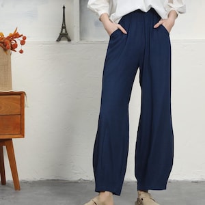 lady long pants, women cotton linen trousers, women harem pants, wide leg trousers, loose fit pants with pockets, plus size clothing A123