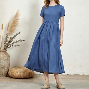 Women's Cotton Linen Midi Dress, Short Sleeve A-Line Dress with Gathered Waist, Plus Size Clothing A74