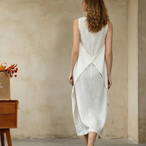 White Cotton Linen Sundress, Sleeveless Midi Dress with Crisscross Back & Pockets A112