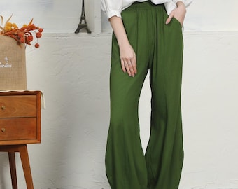 Lange broek met elastische taille, katoenen linnen damesbroek, groene lente/zomerbroek, balbroek, losse casual modebroek, A123