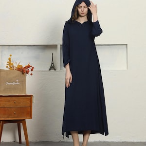 Cotton linen dresses with pockets long hooded dress long sleeve maxi dress pullover dress casual loose dress  women plus size clothing C03